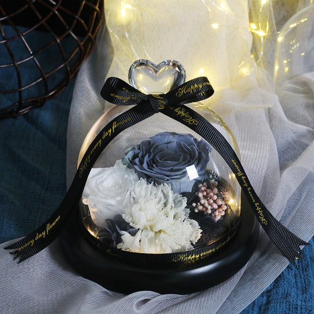 The Beauty and Beast Rose Valentines Day Gift Eternal Rose With Night Light in Glass Dome Birthday Gift