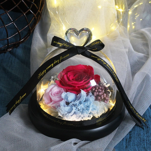 The Beauty and Beast Rose Valentines Day Gift Eternal Rose With Night Light in Glass Dome Birthday Gift