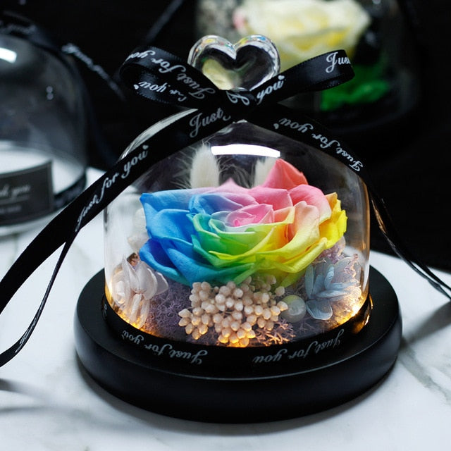 The Beauty and Beast Rose Valentines Day Gift Eternal Rose With Night Light in Glass Dome Birthday Gift